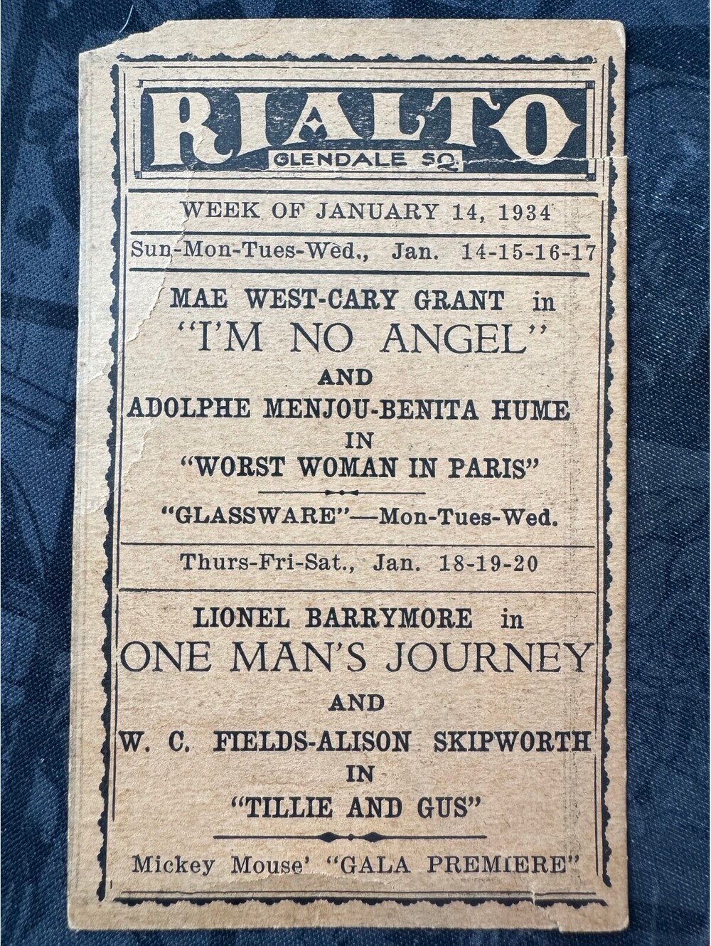 Rialto Theatre Handbill Glendale Sq from 1934 Mae West Cary Grant W.C.Fields